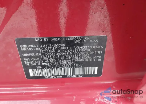 2021 Subaru Crosstrek z USA, uszkodzony, nr VIN JF2GTABC9M8321627